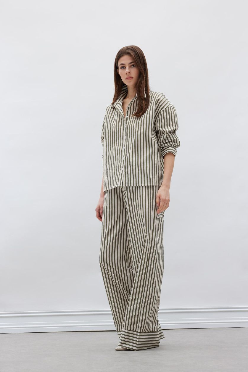 Woman Khaki Wide Leg Double Pocket High Waist Trousers