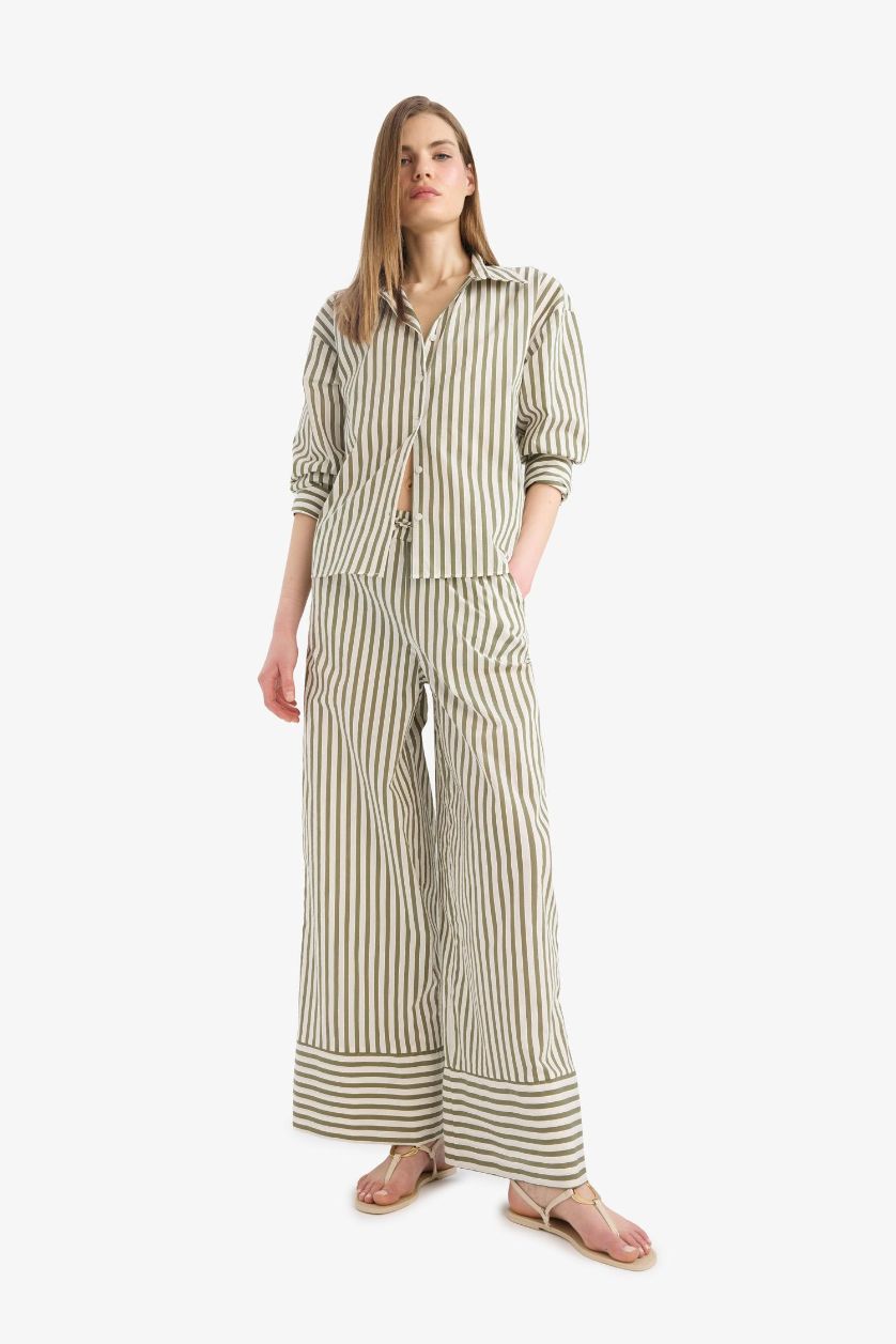 Woman Khaki Wide Leg Double Pocket High Waist Trousers