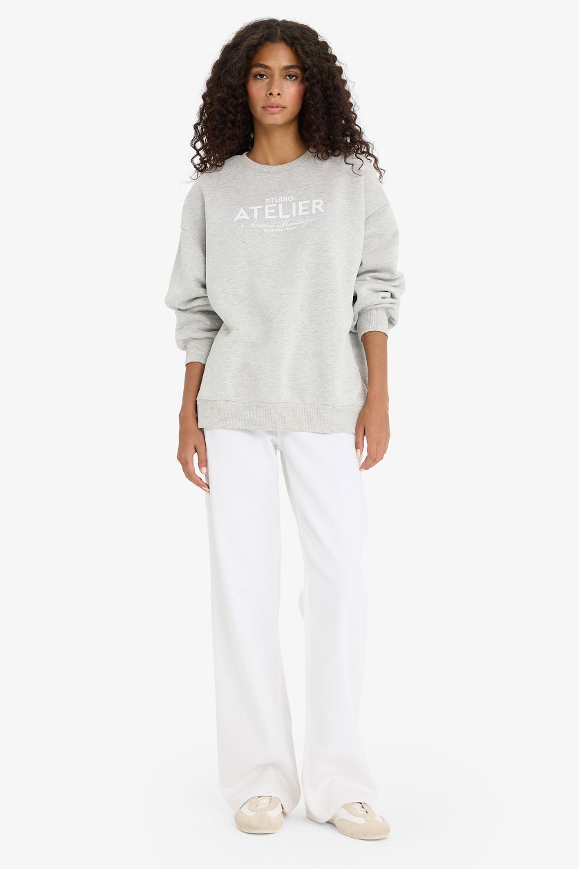 Женщины Серый меланж Толстая толстовка Oversize с круглым вырезом, принтом и из плотного материала для свитшотов