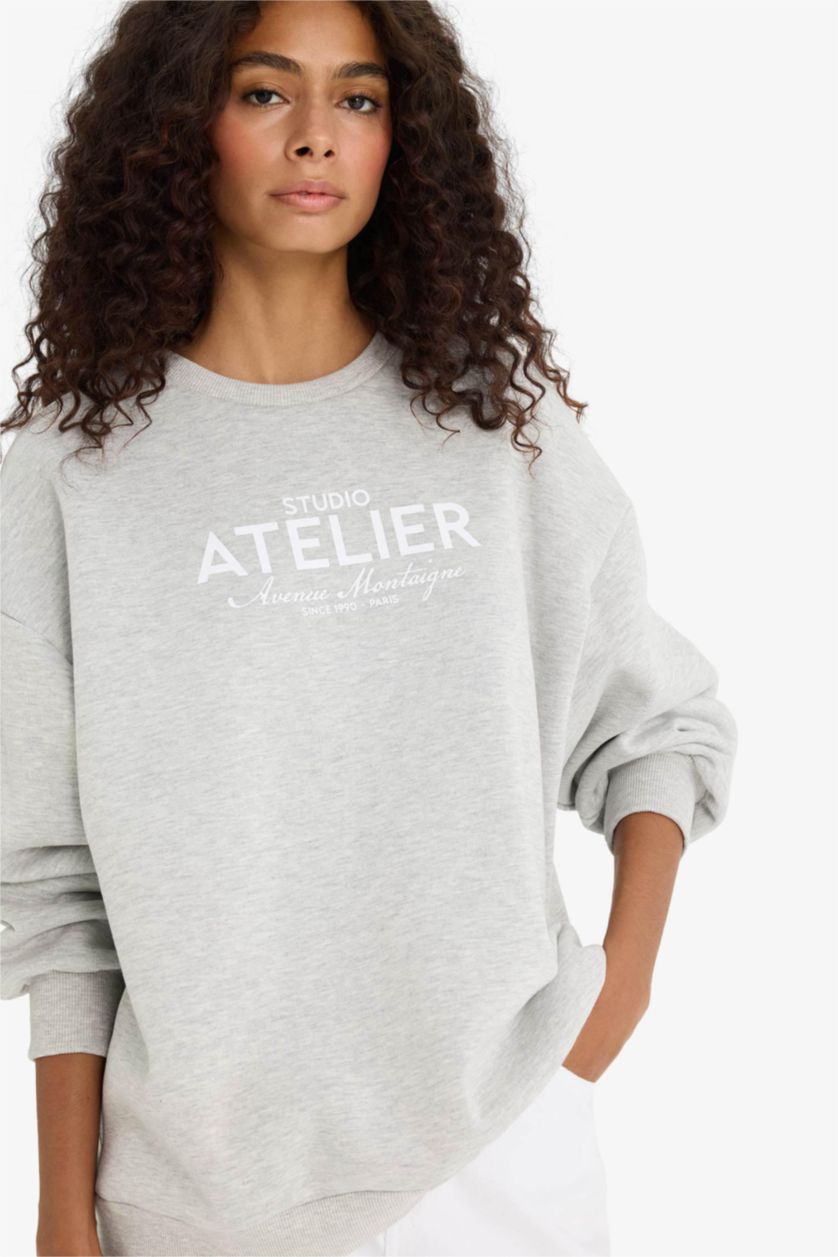 FEMME Gris Sweatshirt épais oversize imprimé à col rond