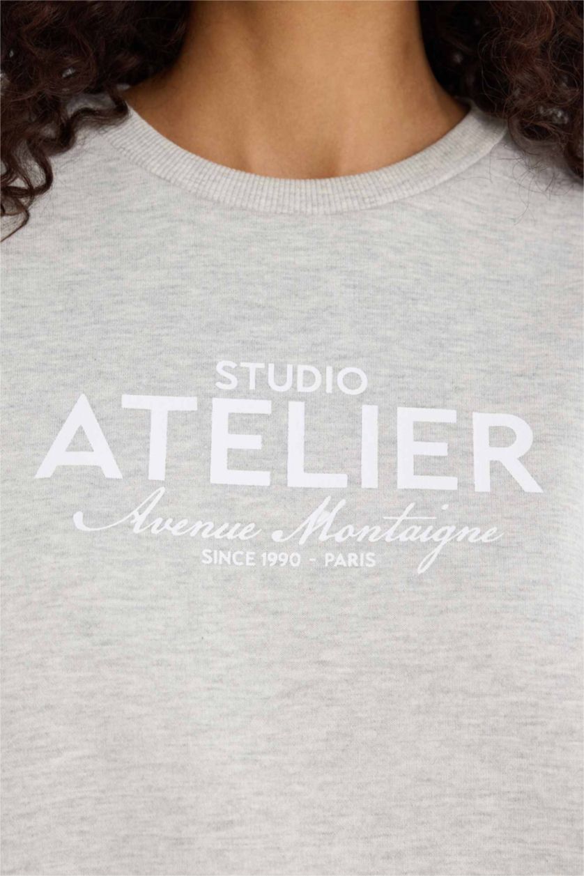 Женщины Серый меланж Толстая толстовка Oversize с круглым вырезом, принтом и из плотного материала для свитшотов