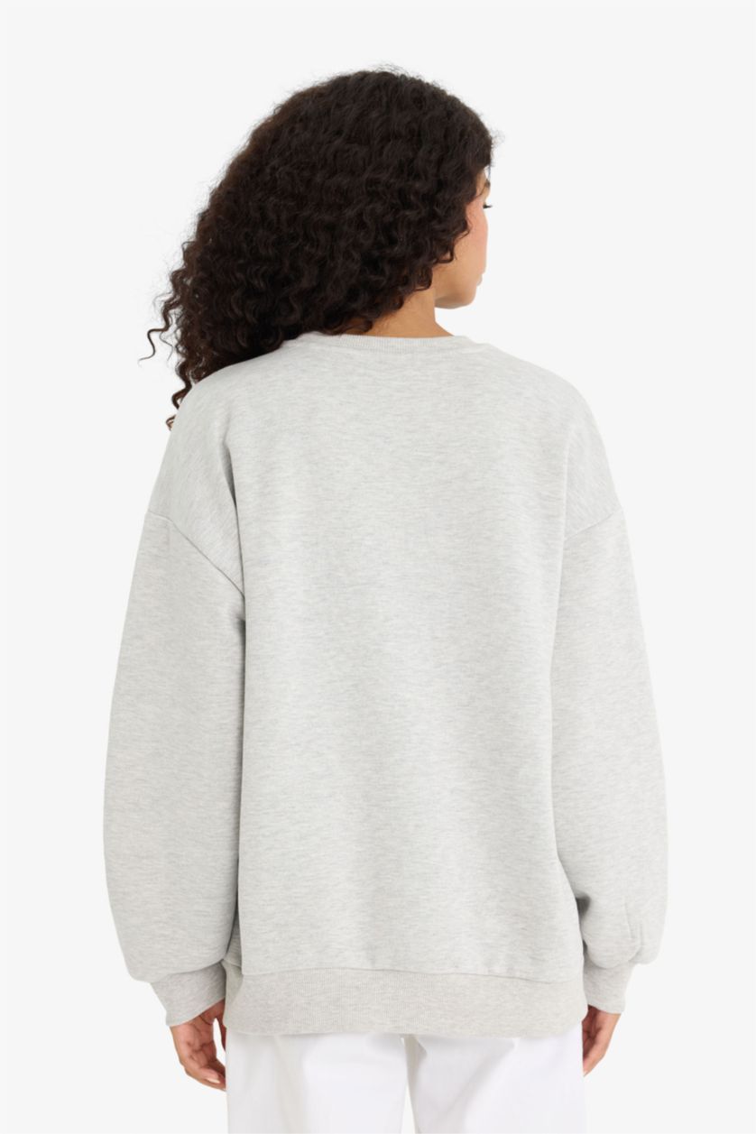 Женщины Серый меланж Толстая толстовка Oversize с круглым вырезом, принтом и из плотного материала для свитшотов