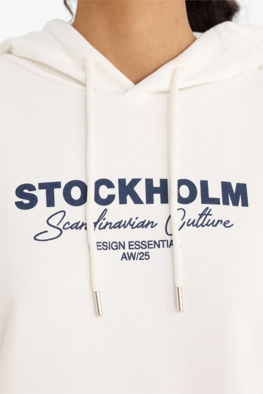 Женщины Бежевый Оверсайз, свободный покрой, толстовка с капюшоном и принтом, толстая