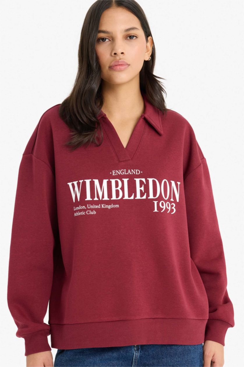 FEMME Bordeaux Sweatshirt épais imprimé à col polo Coupe décontractée