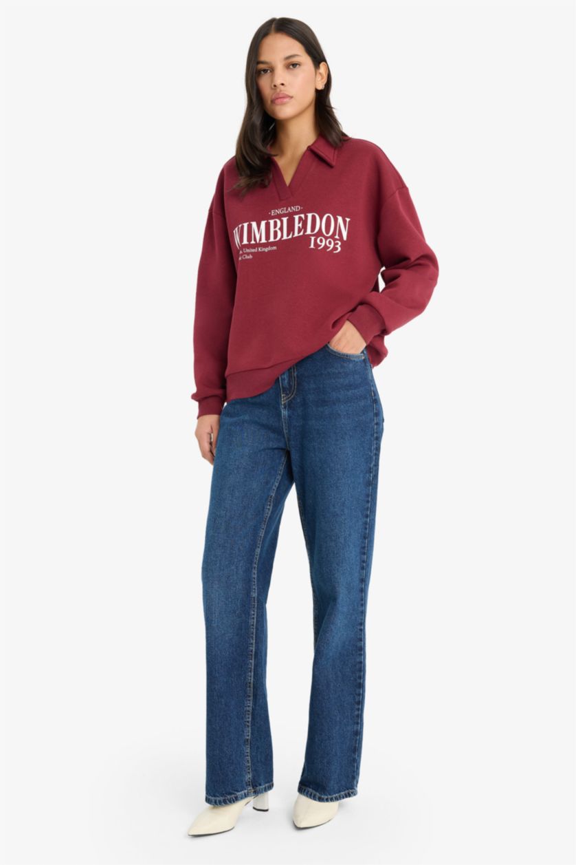 FEMME Bordeaux Sweatshirt épais imprimé à col polo Coupe décontractée