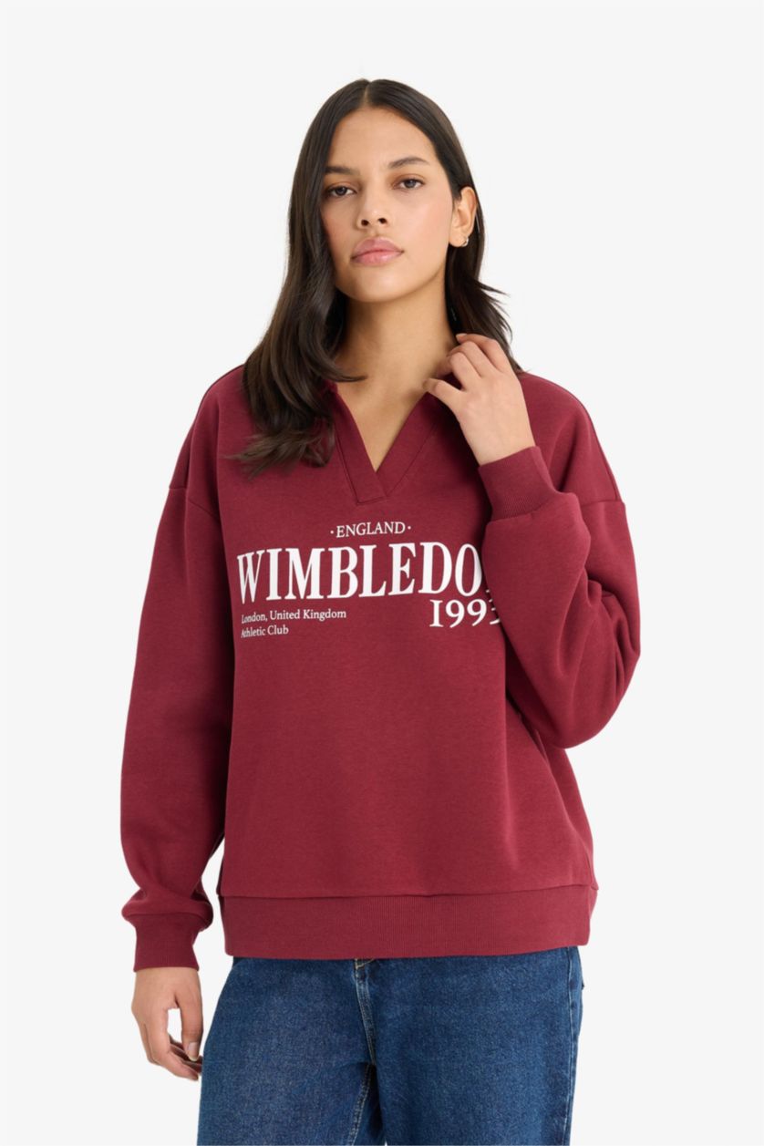 FEMME Bordeaux Sweatshirt épais imprimé à col polo Coupe décontractée