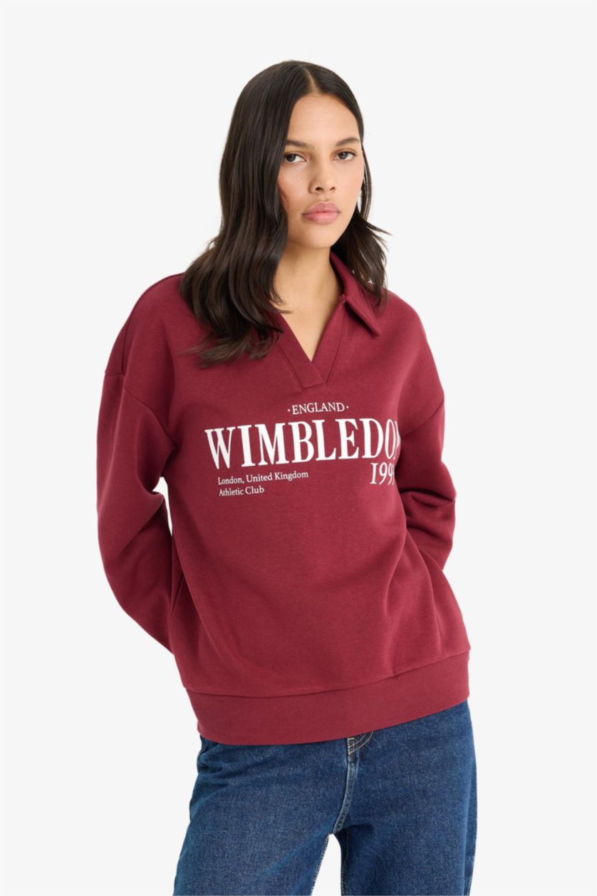 FEMME Bordeaux Sweatshirt épais imprimé à col polo Coupe décontractée