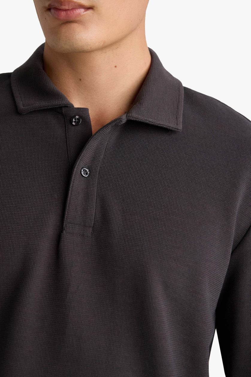 رجالي أنثرا غامق سويت شيرت قصة عادية بياقة بولو