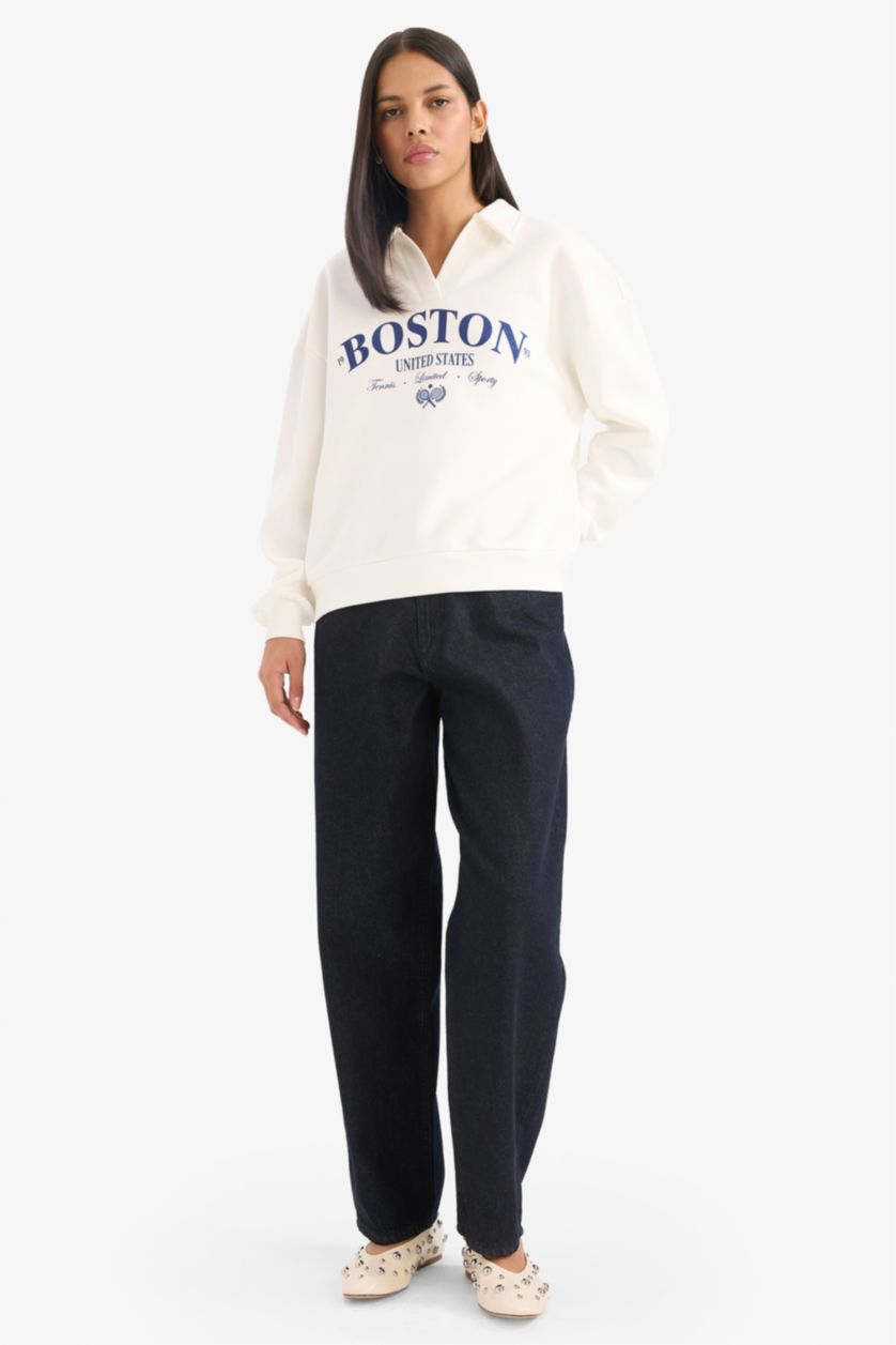 Kadın Ekru Relax Fıt Baskılı Sweatshirt