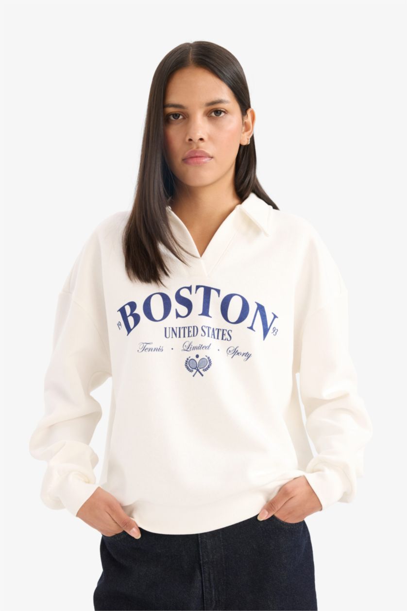 Kadın Ekru Relax Fıt Baskılı Sweatshirt