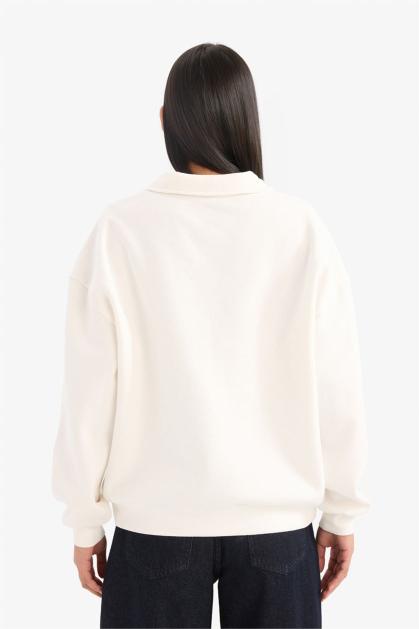 Kadın Ekru Relax Fıt Baskılı Sweatshirt