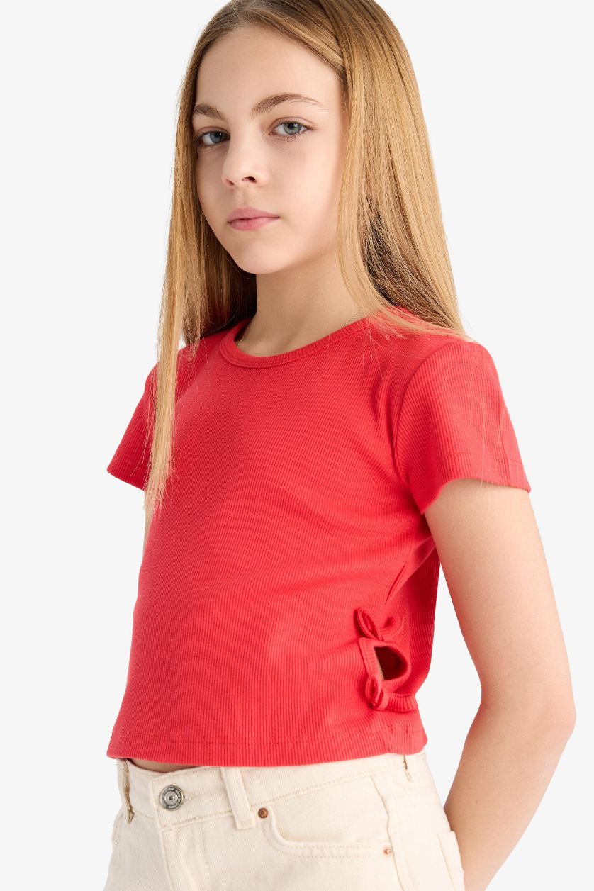 Kız Çocuk - Genç Kız Kırmızı Slim Fit Dar Kesim Bisiklet Yaka Fitilli Kaşkorse Kısa Kollu Tişört Kız Çocuk