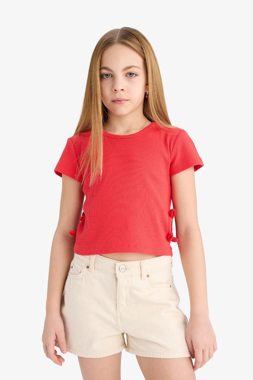 Kız Çocuk - Genç Kız Kırmızı Slim Fit Dar Kesim Bisiklet Yaka Fitilli Kaşkorse Kısa Kollu Tişört Kız Çocuk