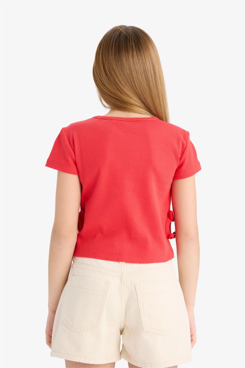 Kız Çocuk - Genç Kız Kırmızı Slim Fit Dar Kesim Bisiklet Yaka Fitilli Kaşkorse Kısa Kollu Tişört Kız Çocuk