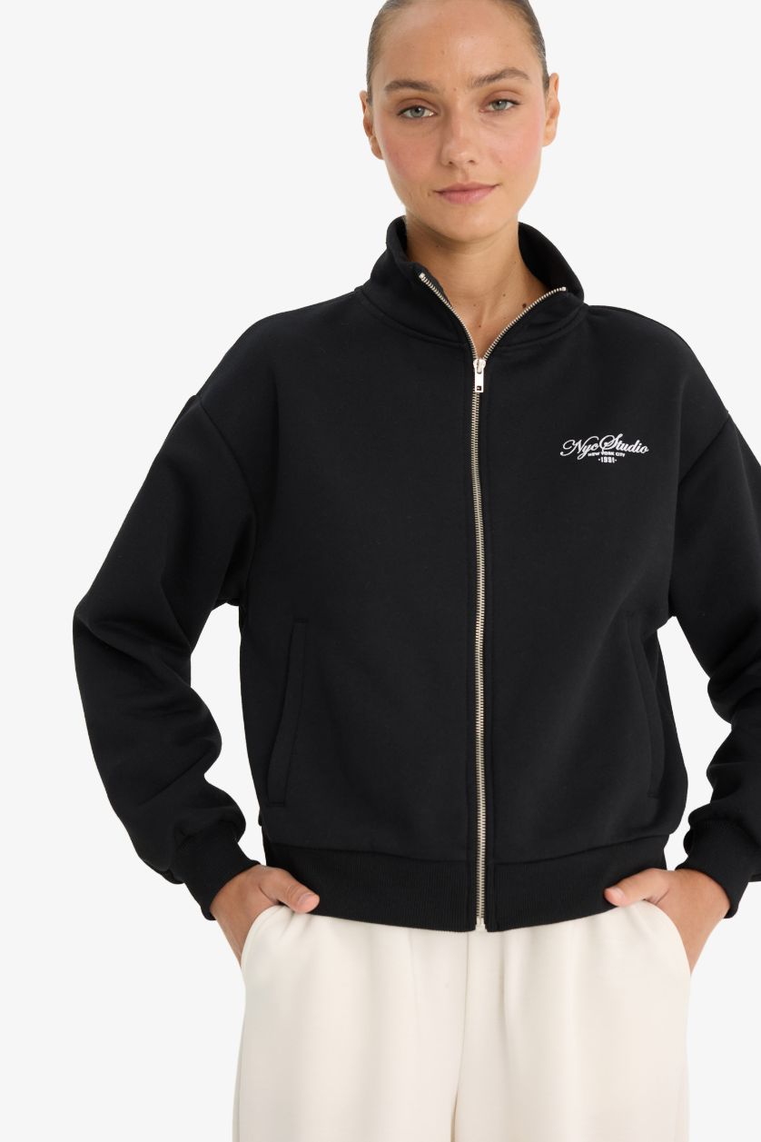 Женщины Черный Свободный крой с бейсбольным воротником с принтом бомбер кардиган