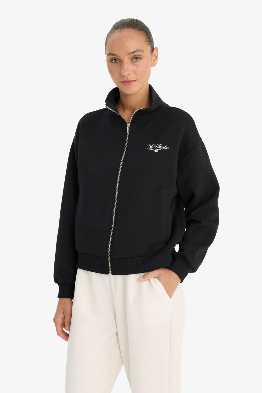 Женщины Черный Свободный крой с бейсбольным воротником с принтом бомбер кардиган