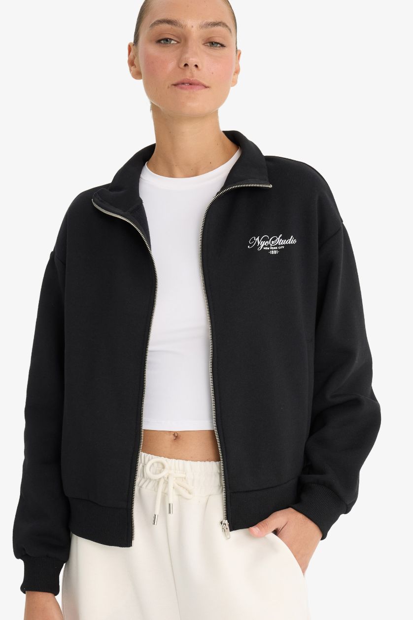 Женщины Черный Свободный крой с бейсбольным воротником с принтом бомбер кардиган