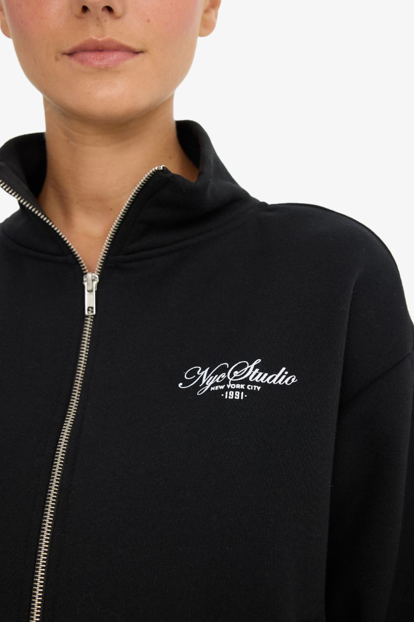 Женщины Черный Свободный крой с бейсбольным воротником с принтом бомбер кардиган