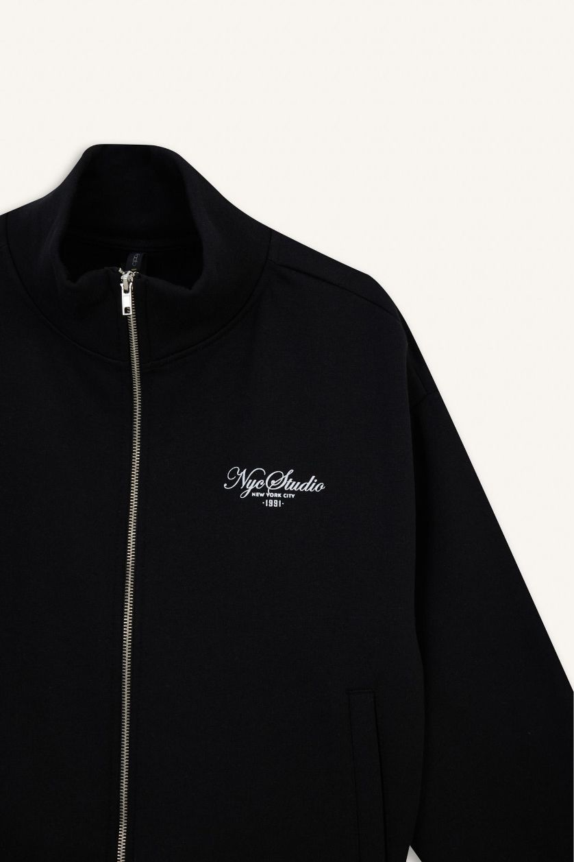 Женщины Черный Свободный крой с бейсбольным воротником с принтом бомбер кардиган