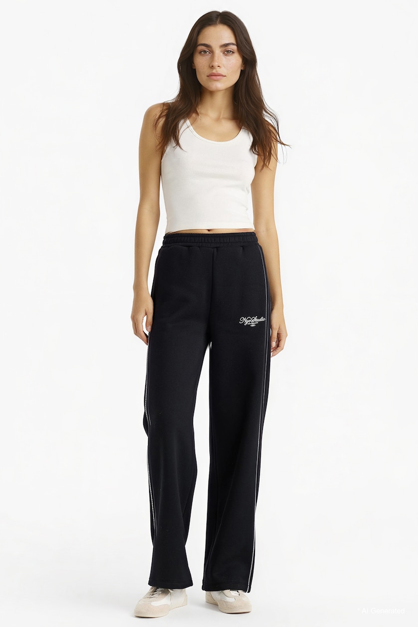 Woman Black Straight Fit Thick Sweatshirt Fabric Trousers