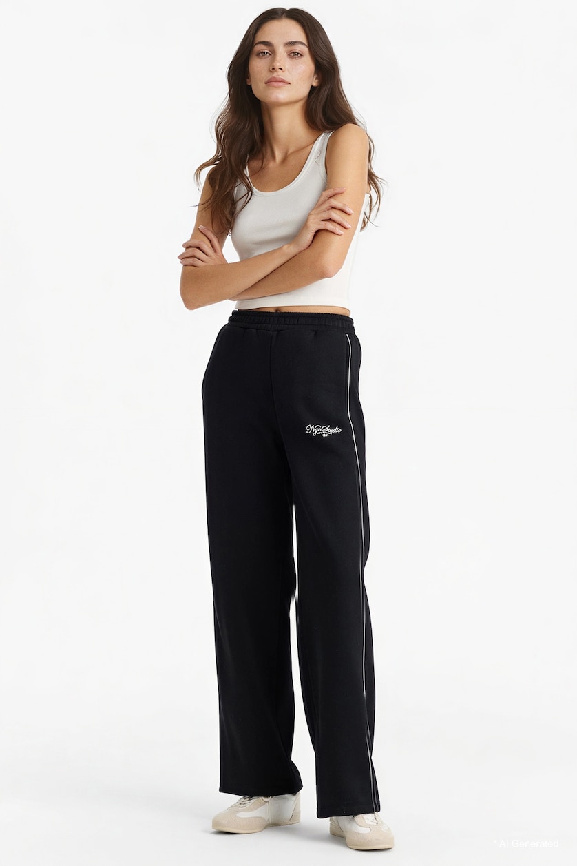 Woman Black Straight Fit Thick Sweatshirt Fabric Trousers