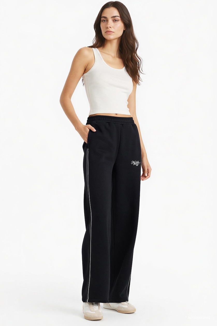 Woman Black Straight Fit Thick Sweatshirt Fabric Trousers