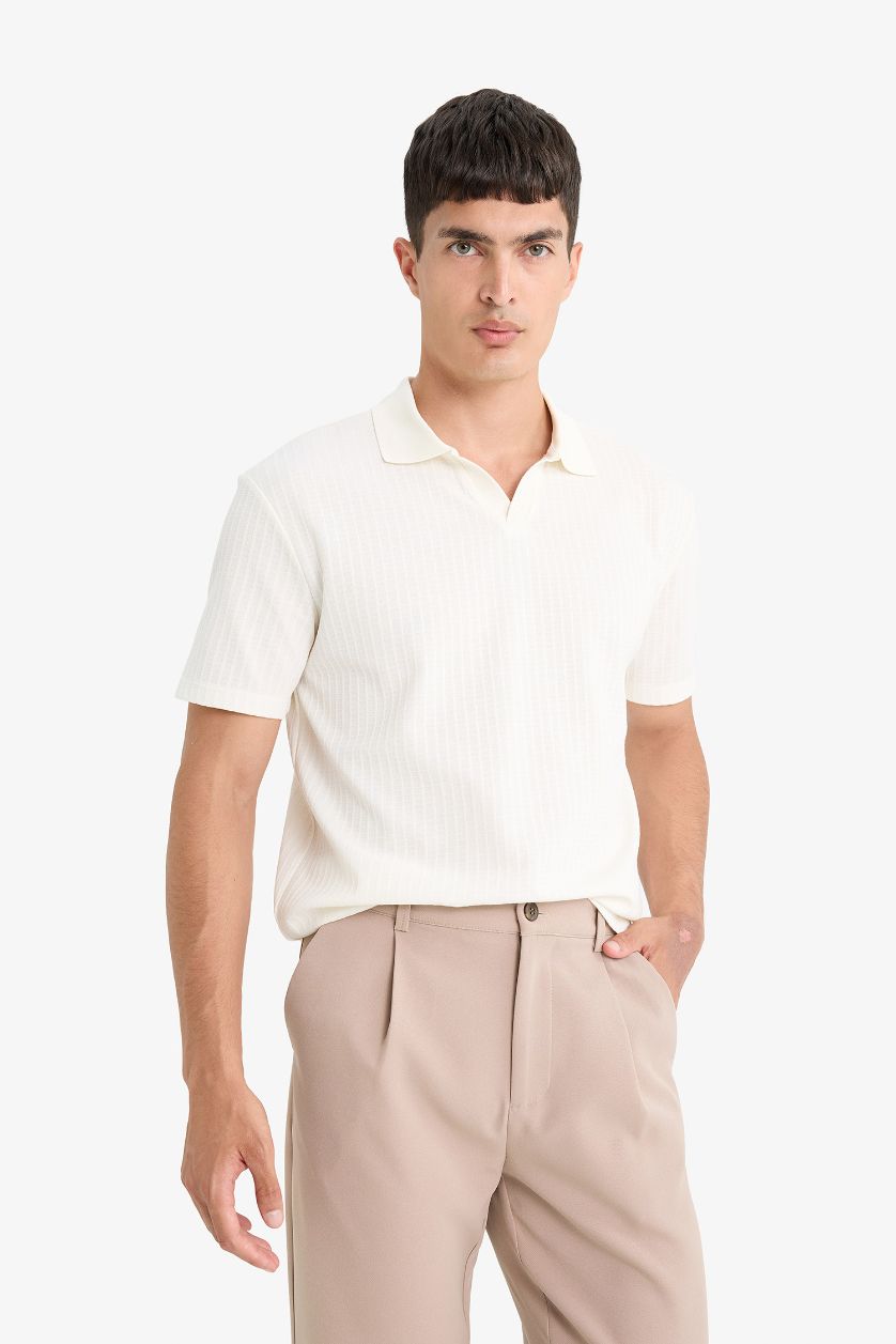 Erkek Ekru Regular Fit Polo Yaka Waffle Dokulu Kumaş Kısa Kollu Tişört