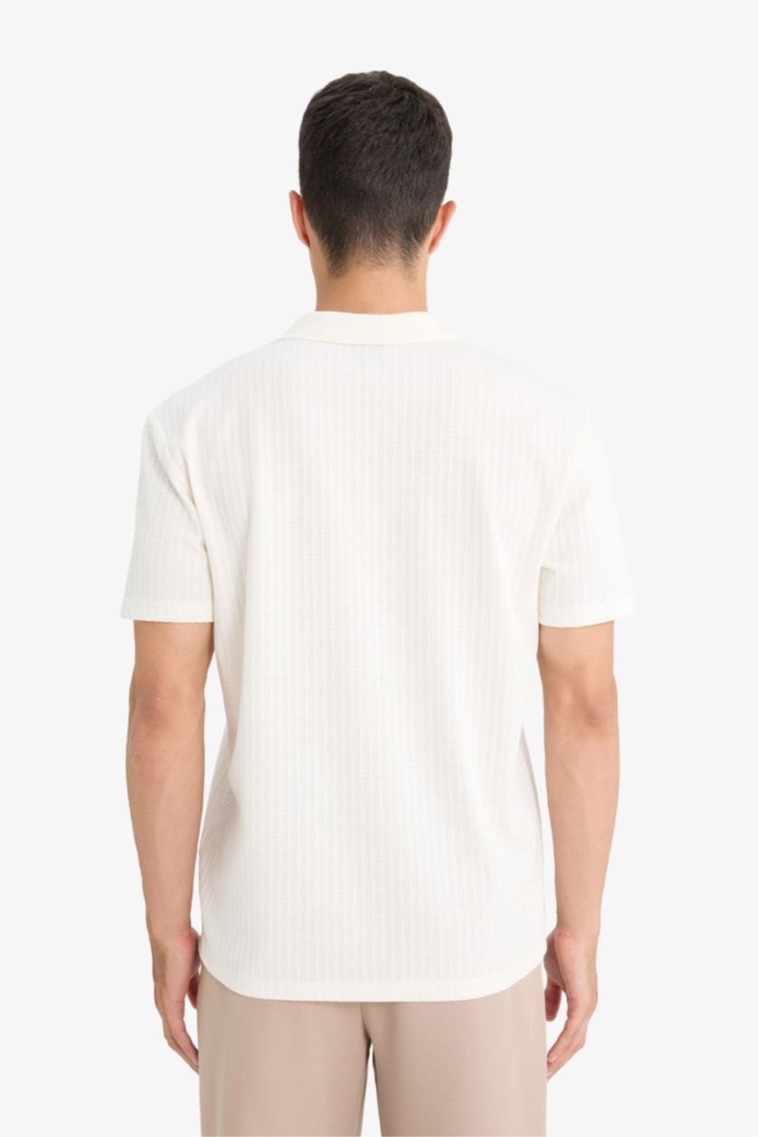 Erkek Ekru Regular Fit Polo Yaka Waffle Dokulu Kumaş Kısa Kollu Tişört