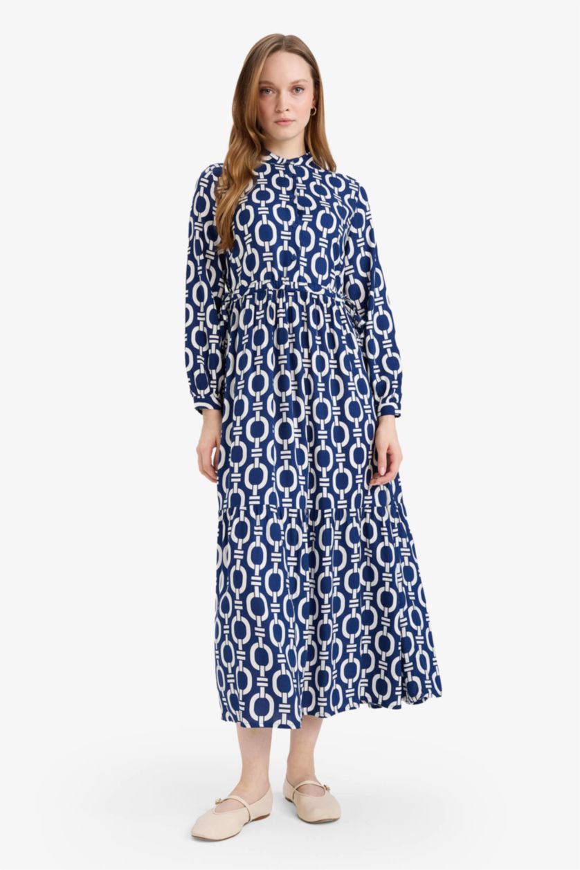 WOMAN Dark Blue Regular Fit Printed Viscose Dress