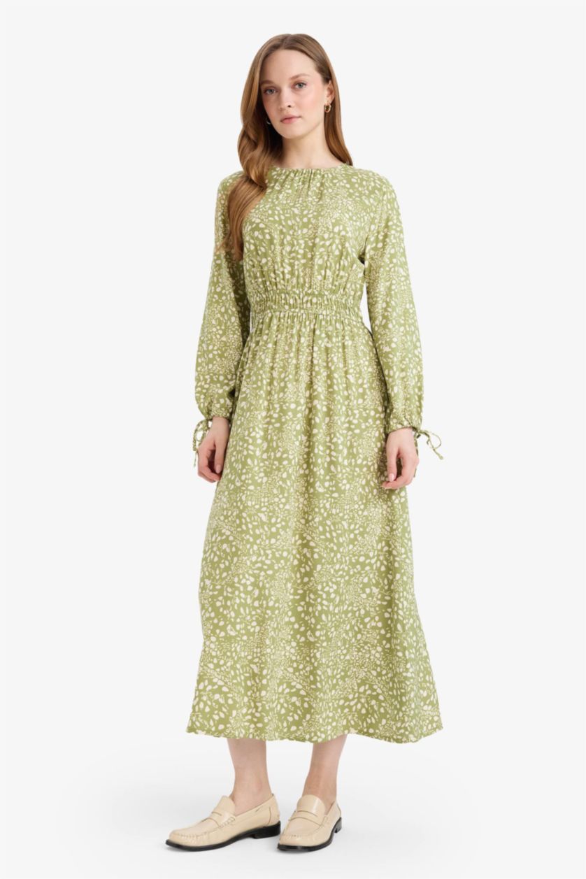 WOMAN Green Regular Fit Crew Neck Printed Viscose Dress