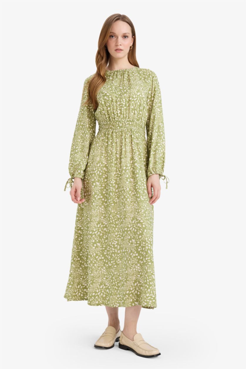 WOMAN Green Regular Fit Crew Neck Printed Viscose Dress