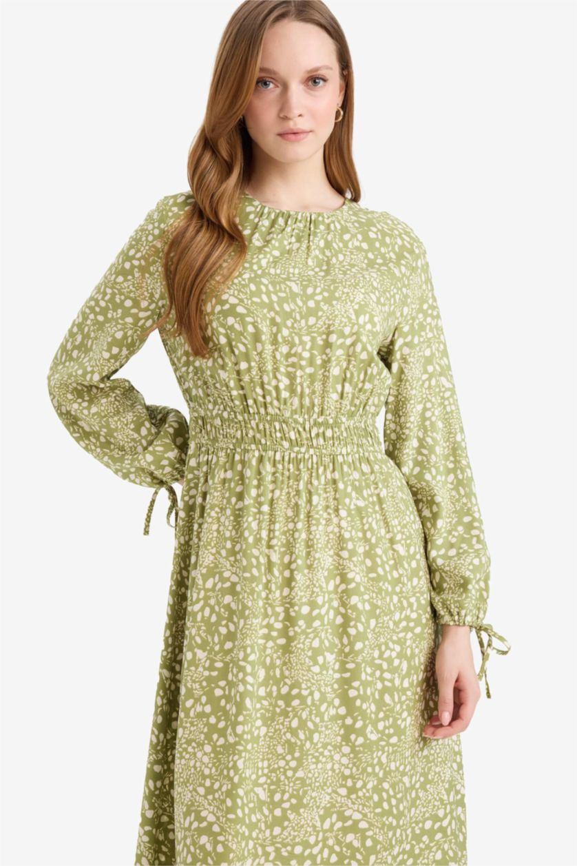 WOMAN Green Regular Fit Crew Neck Printed Viscose Dress
