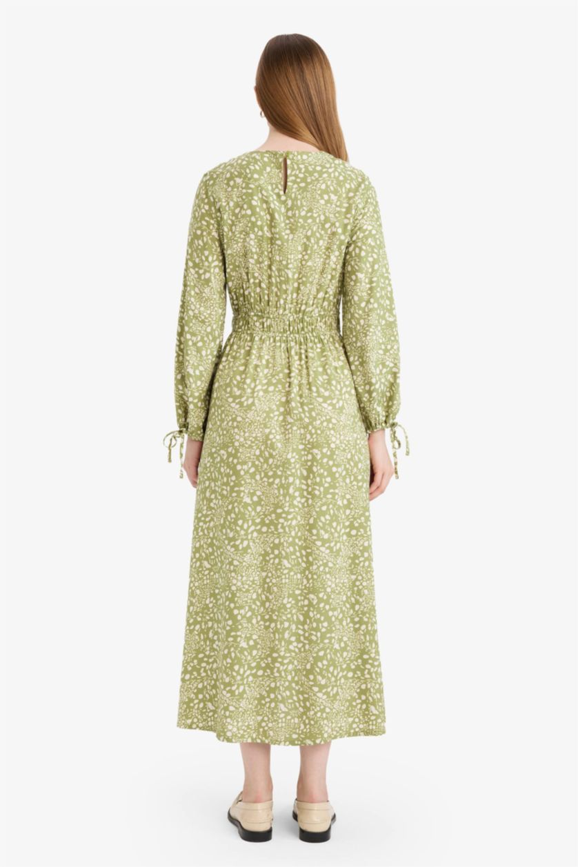 WOMAN Green Regular Fit Crew Neck Printed Viscose Dress