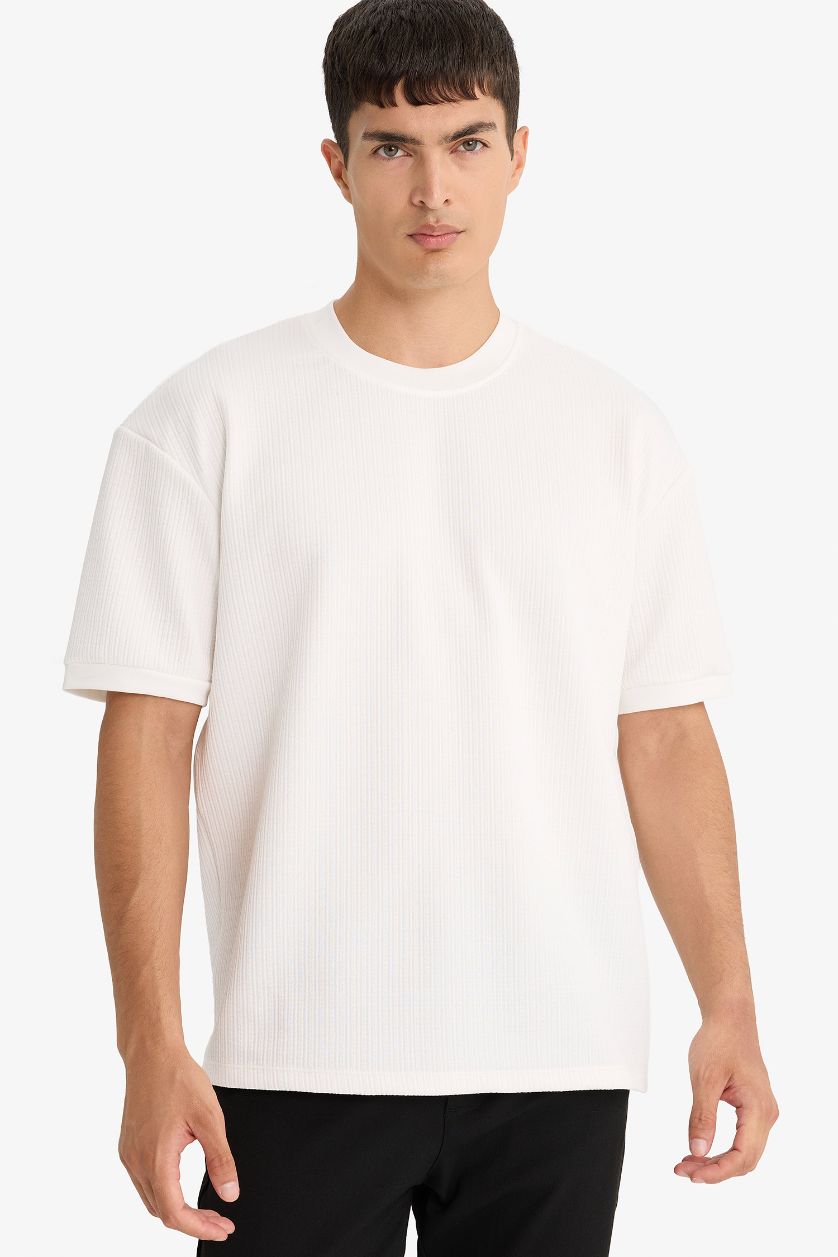 Erkek Kırık Beyaz Oversıze Bisiklet Yaka Kısa Kollu Tişört