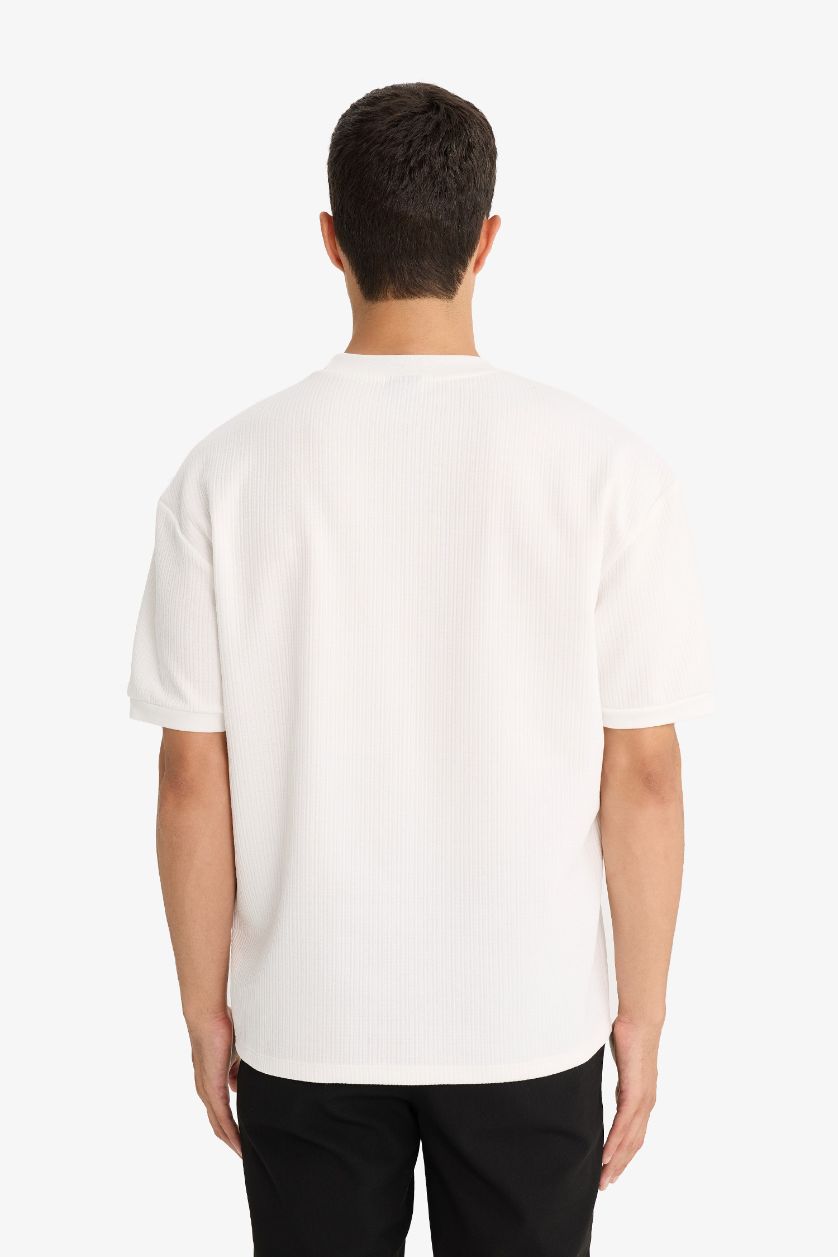 Erkek Kırık Beyaz Oversıze Bisiklet Yaka Kısa Kollu Tişört