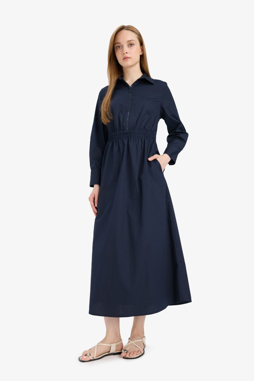 Kadın Lacivert Regular Fıt Gömlek Yaka Poplin Uzun Kollu Elbise