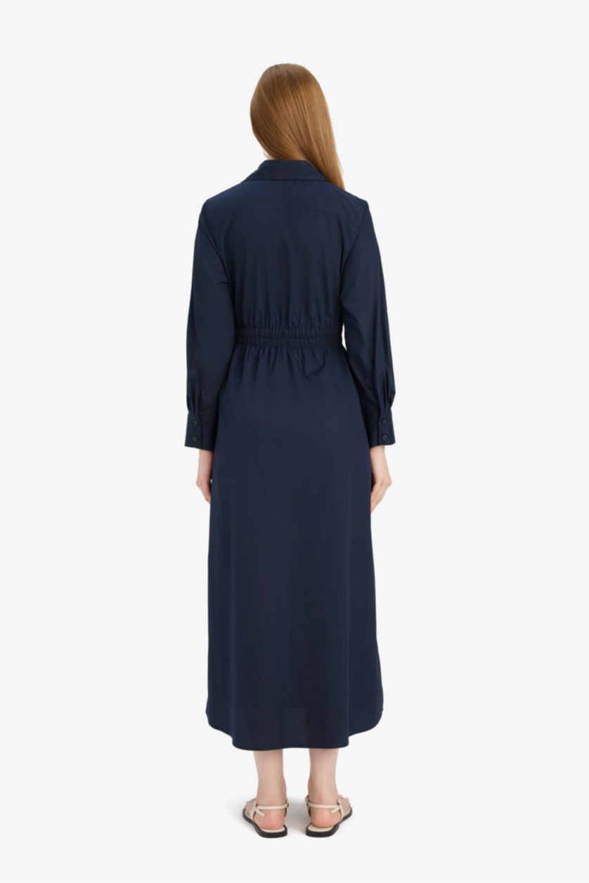 Kadın Lacivert Regular Fıt Gömlek Yaka Poplin Uzun Kollu Elbise