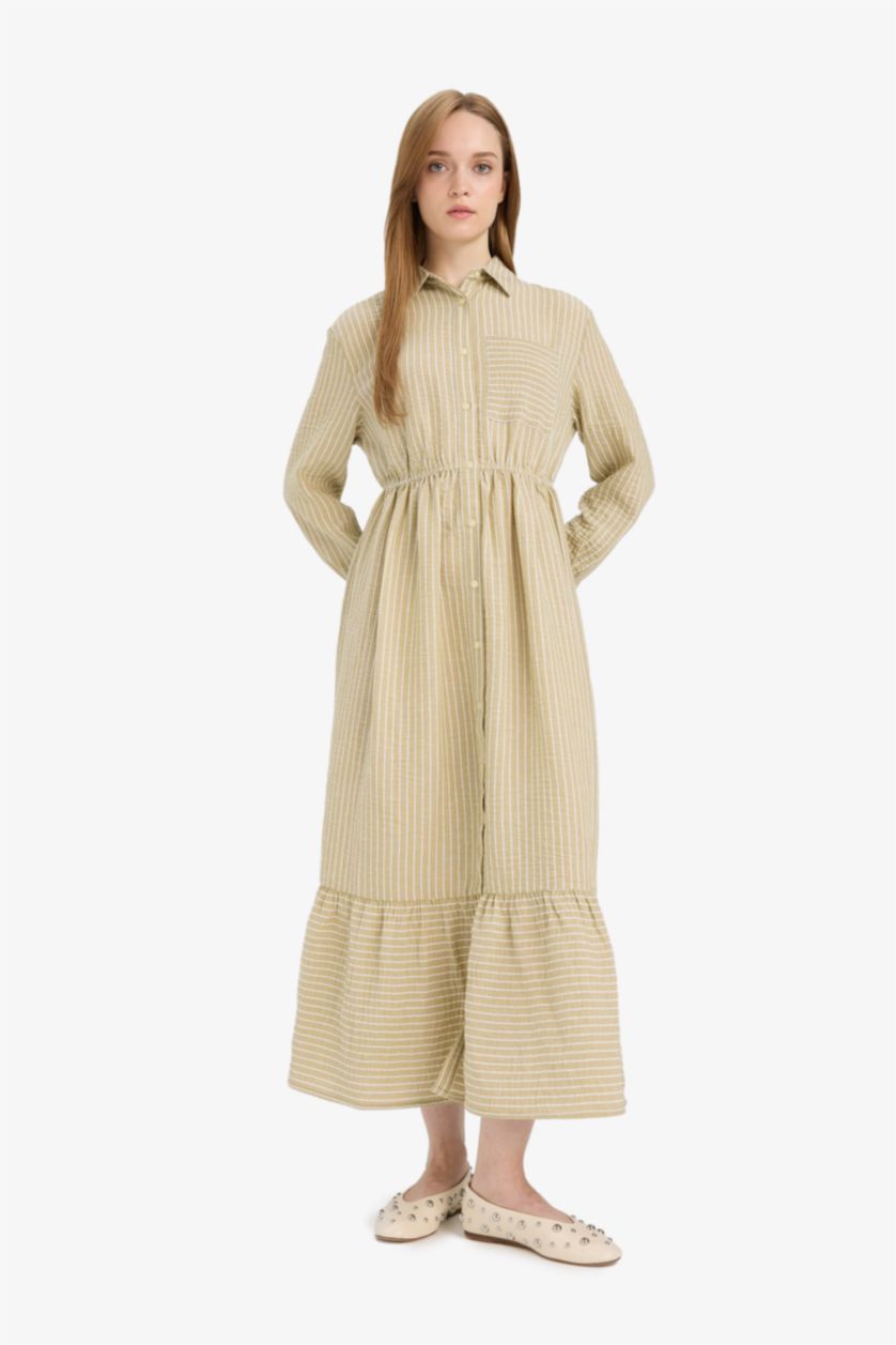 FEMME Beige Robe à col chemise et manches longues