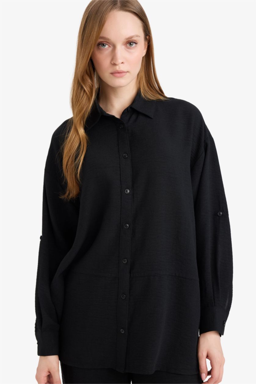 نساء أسود تونيكة كم طويل قصة مريحة