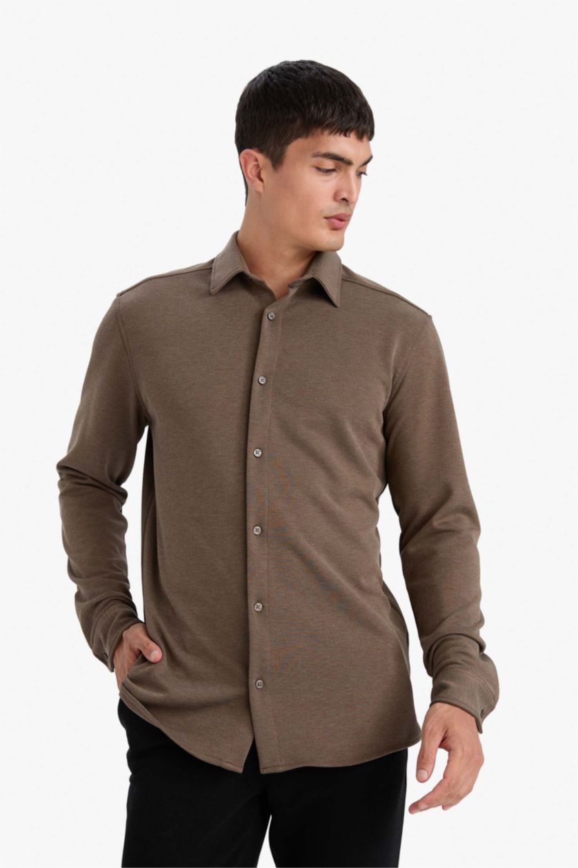 رجال بني قميص بولو بيكيه ردن طويل مودرن فيت