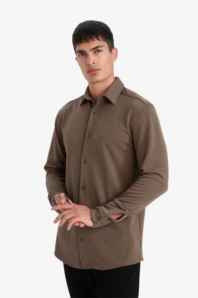 رجال بني قميص بولو بيكيه ردن طويل مودرن فيت
