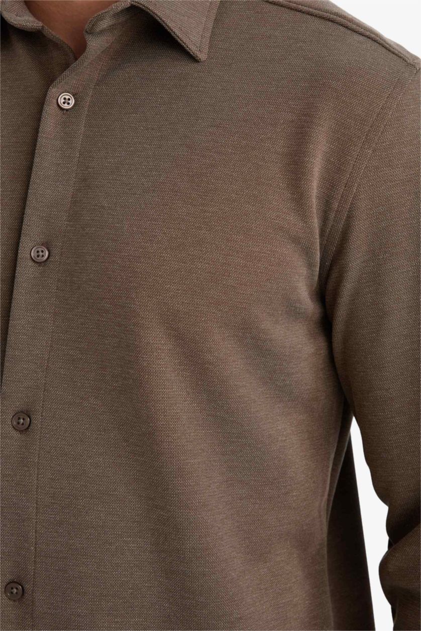 رجال بني قميص بولو بيكيه ردن طويل مودرن فيت