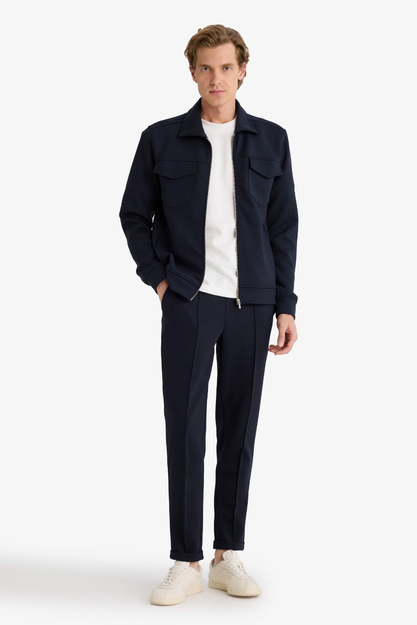 رجال كحلي جاكيت قميص قصة عادية بياقة بولو بجيب رفرف مزدوج