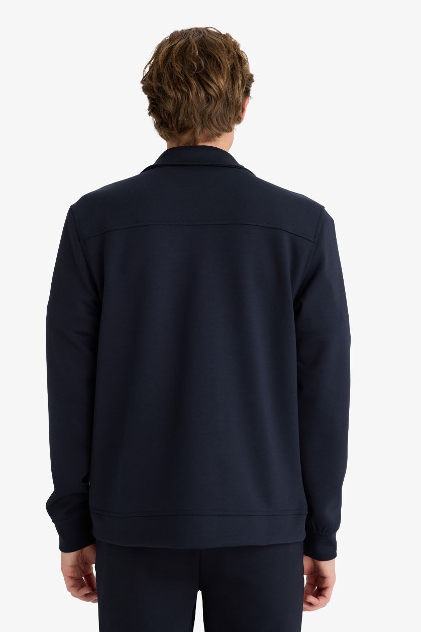 رجال كحلي جاكيت قميص قصة عادية بياقة بولو بجيب رفرف مزدوج