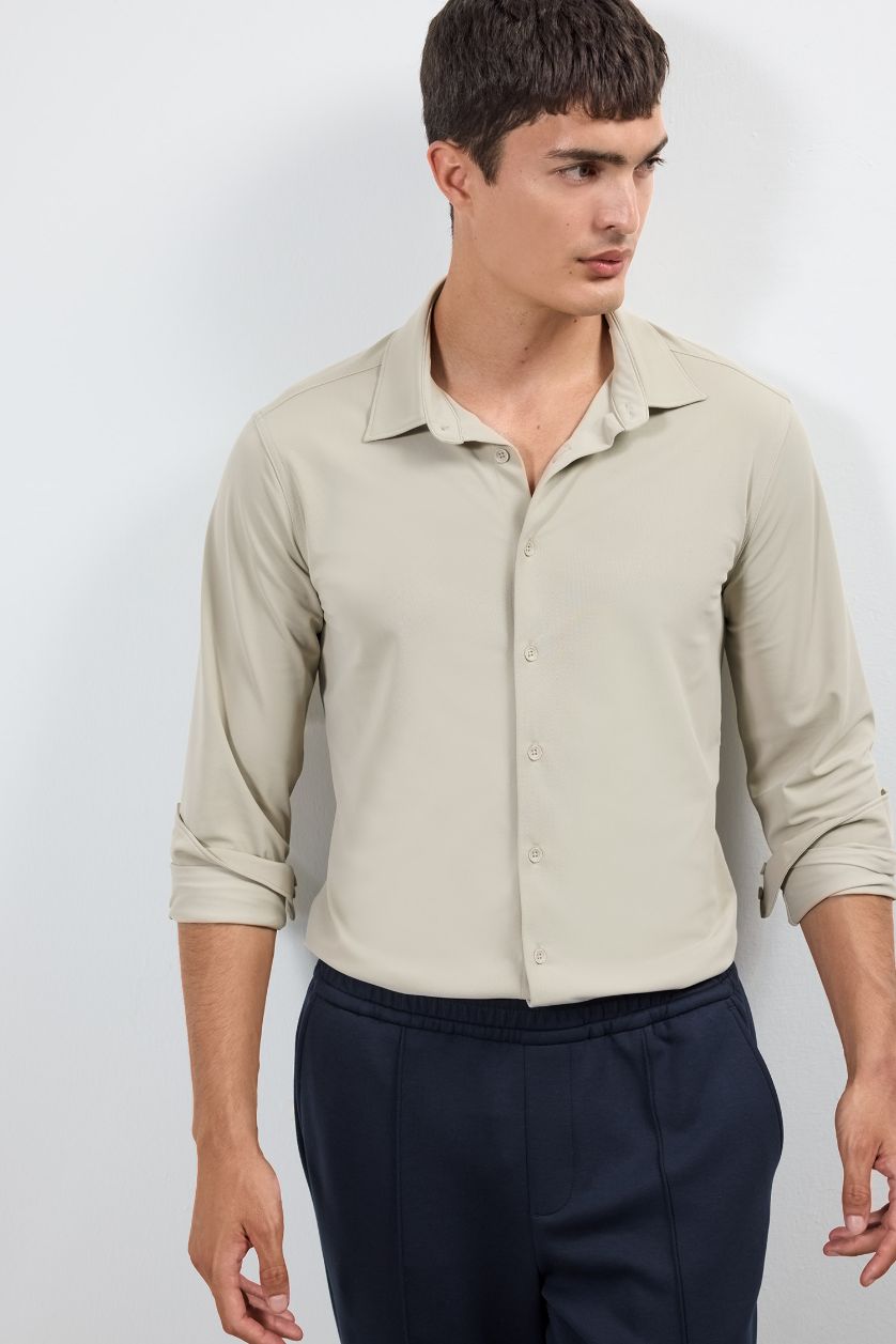 Erkek Gri Slım Fıt Polo Yaka Pike Uzun Kollu Gömlek