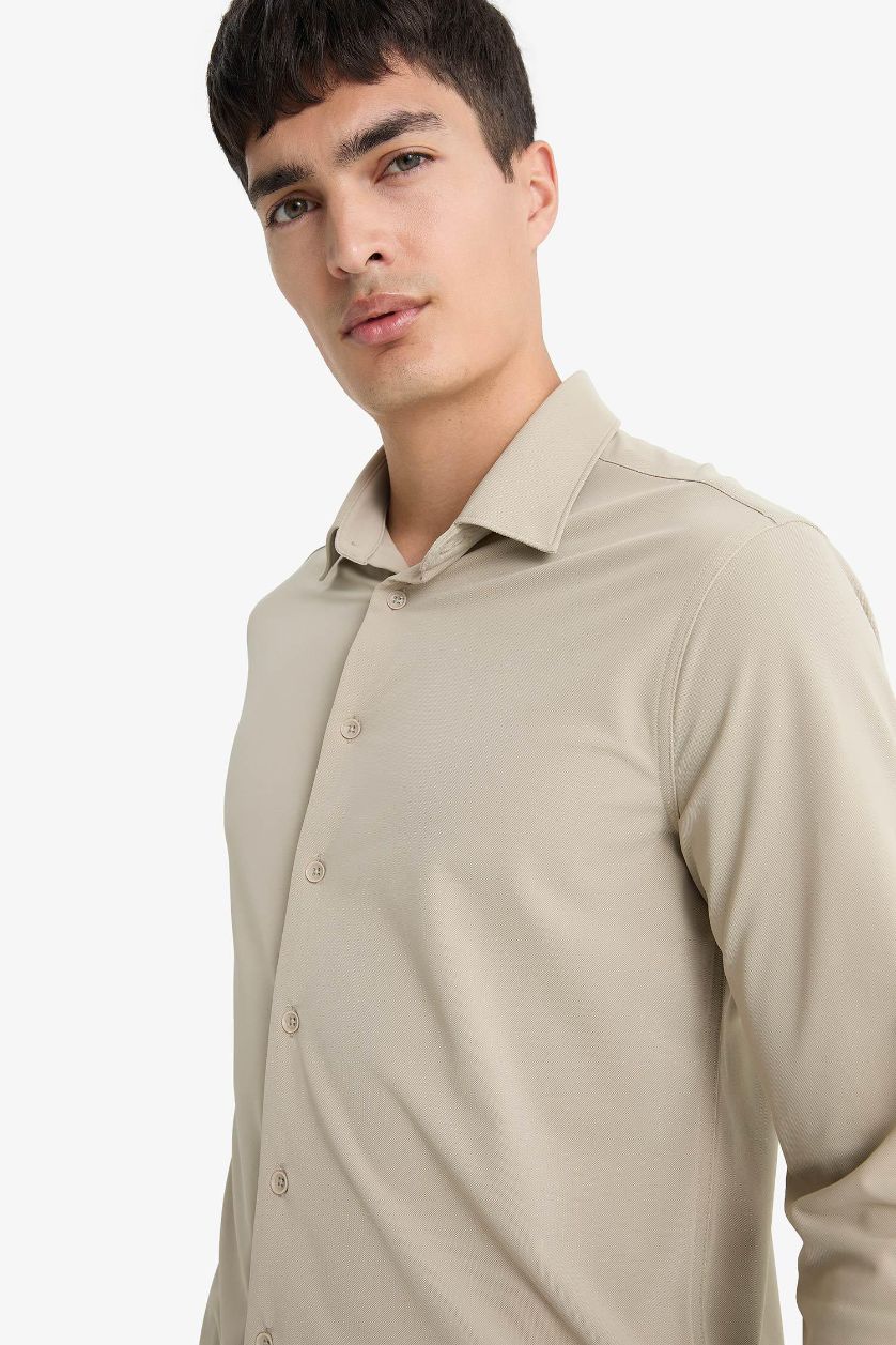 Erkek Gri Slım Fıt Polo Yaka Pike Uzun Kollu Gömlek