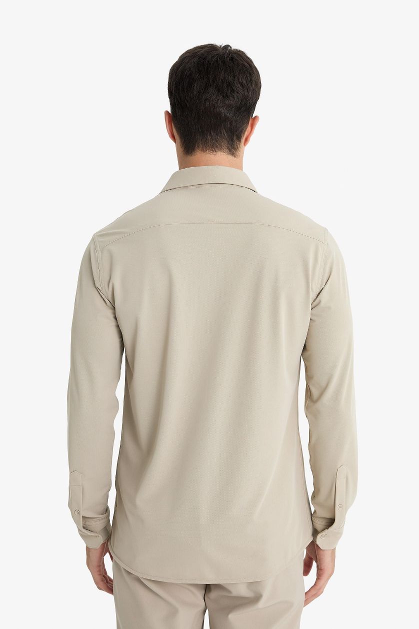 Erkek Gri Slım Fıt Polo Yaka Pike Uzun Kollu Gömlek