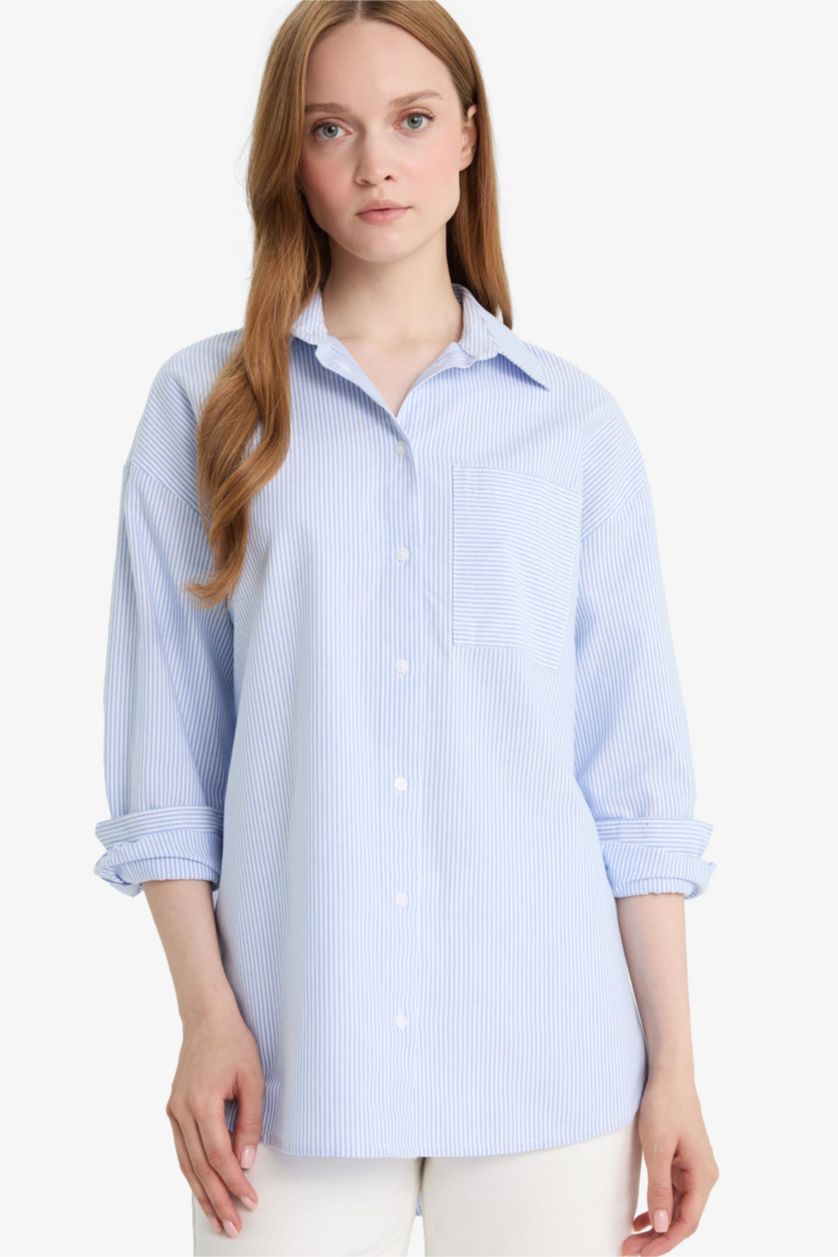 FEMME BLEU Clair Tunique en oxford à manches longues Coupe décontractée