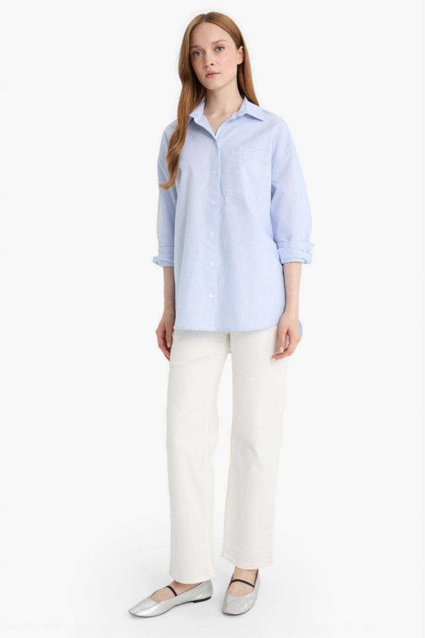 FEMME BLEU Clair Tunique en oxford à manches longues Coupe décontractée