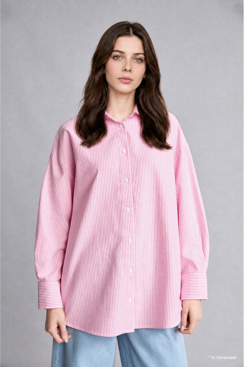 نساء أحمر Relaxed Fit Oxford Long Sleeve Tunic
